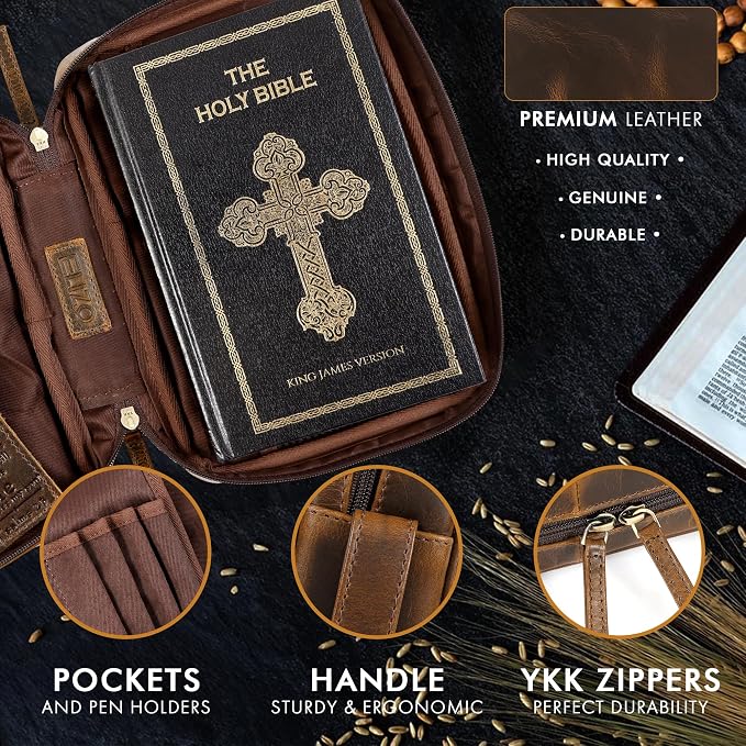 Leather Bible Cover for Men Bible Case for Women Zippered Holder Protector Cross Church Tote Bag Carrying Organizer Sleeve Gift Standard Antique