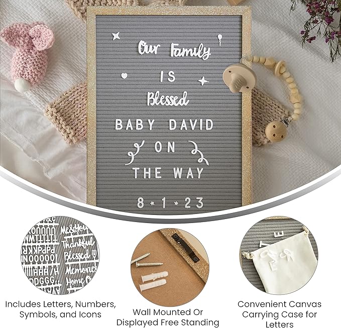 HBCY Creations 12"x17" Felt Letter Board - Solid Wood Frame - Weathered Wood - Gray Felt - 389 PP Letters Including Numbers, Symbols, Icons - Canvas Carrying Case