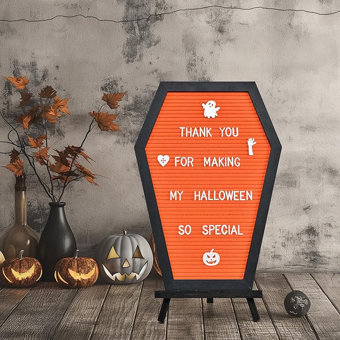 Coffin Letter Board - 520 Characters Spooky Halloween Characters with Wooden Stand and Canvas Bag - 16x11 Inches - Felt Message Board for Home Office Halloween Supplies & Decor (Orange)