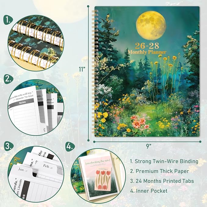 Monthly Planner 2026-2028 - Planner 2026-2028, Jul. 2026 - Jun. 2028, Monthly Planners 2026-2027 with Tabs, 9" x 11", Twin-wire Binding, Back Pocket, Note Pages