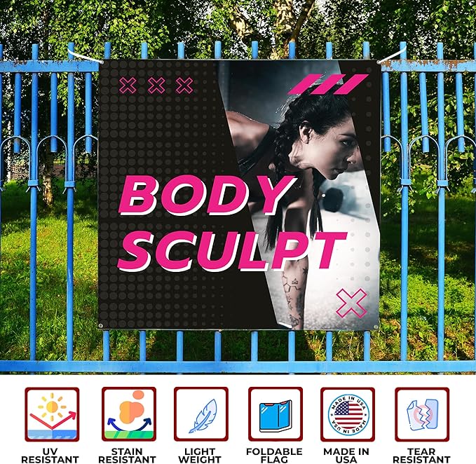 Body Scullpt Large Banners and Signs for Outdoor by Mavis Printing-Polyester Banner with 4 Holes for Easy Hang Indoor & Outdoor|4x1 Feet HD Print Sign to Promote Church| Made in USA