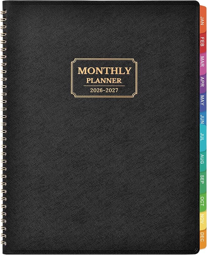 Monthly Planner 2026-2027 - Planner 2026-2027, Jul. 2026 - Dec.2027, 18 Monthly Planner with Colorful Tabs, 8.86" x 11.4", Saffiano Leather, Black Leather