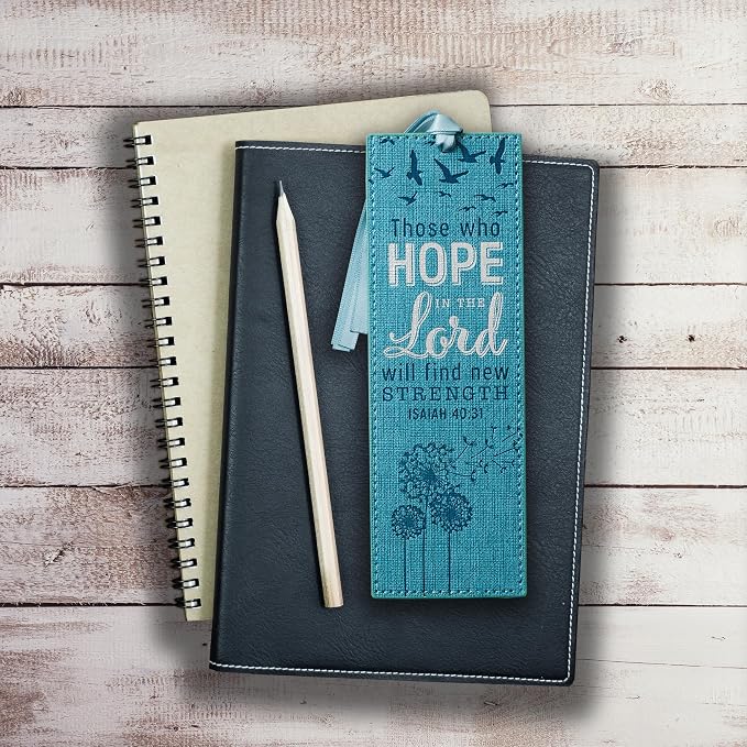 Christian Art Gifts Teal Faux Leather Bookmark | Hope In The Lord - Isaiah 40:31 Bible Verse Inspirational Bookmark for Women w/Satin Ribbon Tassel