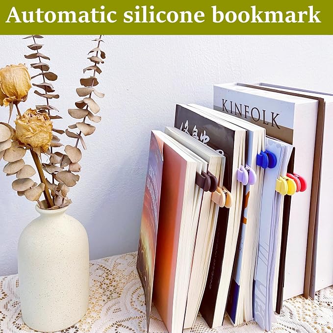 4pcs Silicone Automatic Bookmark, Book Marks for Reading, Cute Unique Book Markers, Smart Bookmarks Clip Book Page Holder for Women, Men, Kids, Book Lovers, Stay in Place and Follow as You Read