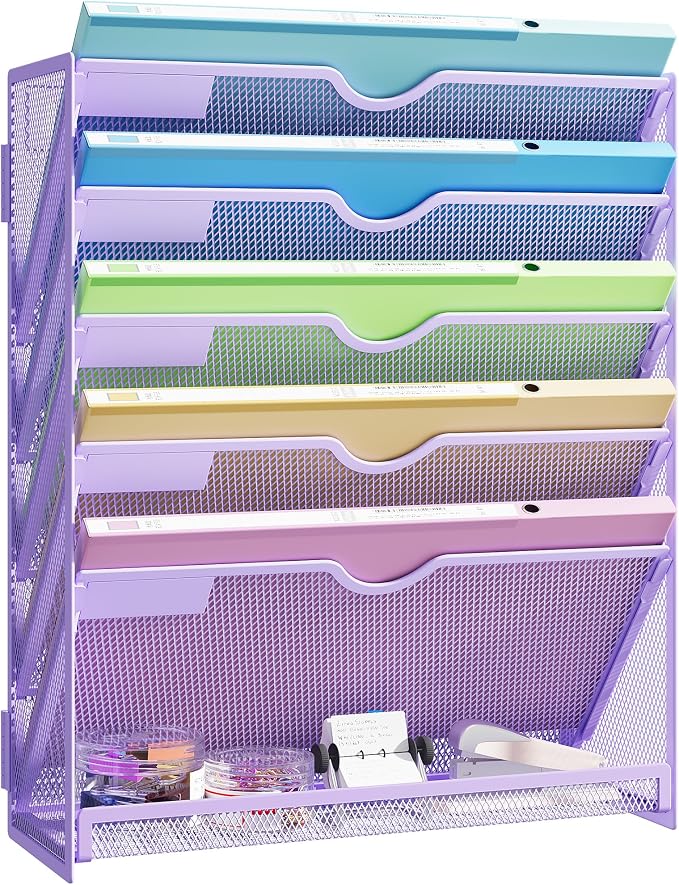 Hanging Wall File Organizer, 6-Tier Purple Desk Organizer with Metal Mesh, Foldable Document Organizer for Office Desk, Wall Mount Magazine Rack for Mail/Books/Tablet