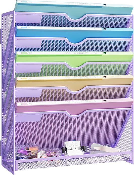Hanging Wall File Organizer, 6-Tier Purple Desk Organizer with Metal Mesh, Foldable Document Organizer for Office Desk, Wall Mount Magazine Rack for Mail/Books/Tablet