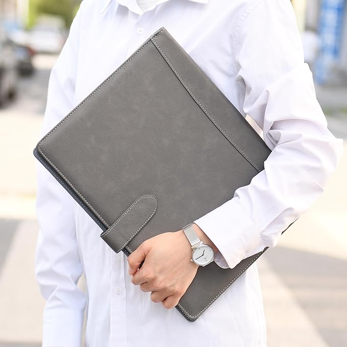 Wason Portfolio Padfolio A4 Leather PU Folder File Document Holder Case with Writing Pad Removable Clipboard Card Stationary Case Phone Tablet Stand for Organizer Office Travel School (Grey)