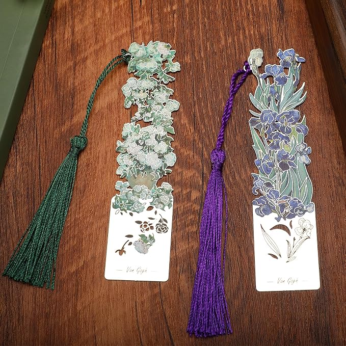 Metal Bookmarks with Tassel - 2 Pcs, Women's Bookmarks - Roses and Irises Design (BKM-046-002)