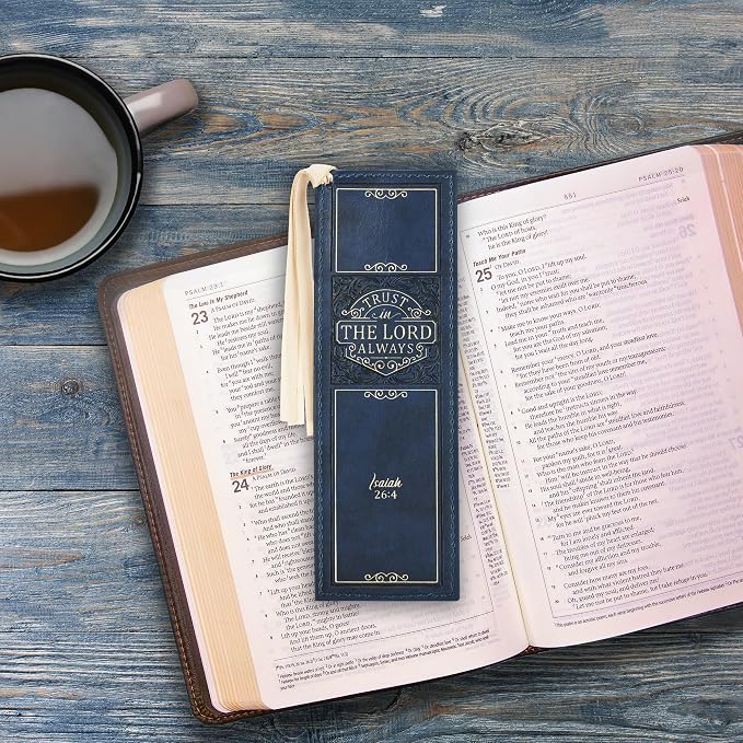 Christian Art Gifts Vegan Faux Leather Scripture Bookmark for Men & Women: Trust In The Lord - Isaiah 26:4 Inspirational Bible Verse Heat-Debossed, Faith-Based Reading Accessory with Tassel, Navy Blue