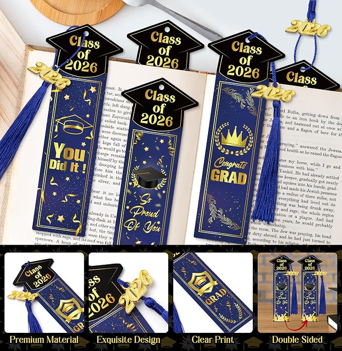 24 Sets 2026 Graduation Gifts Bulk for Students, Congrats Grad Bookmarks with Tassels Blue and Gold Inspirational Senior Party Favors Gift Idea for Him Her High School College University Graduates