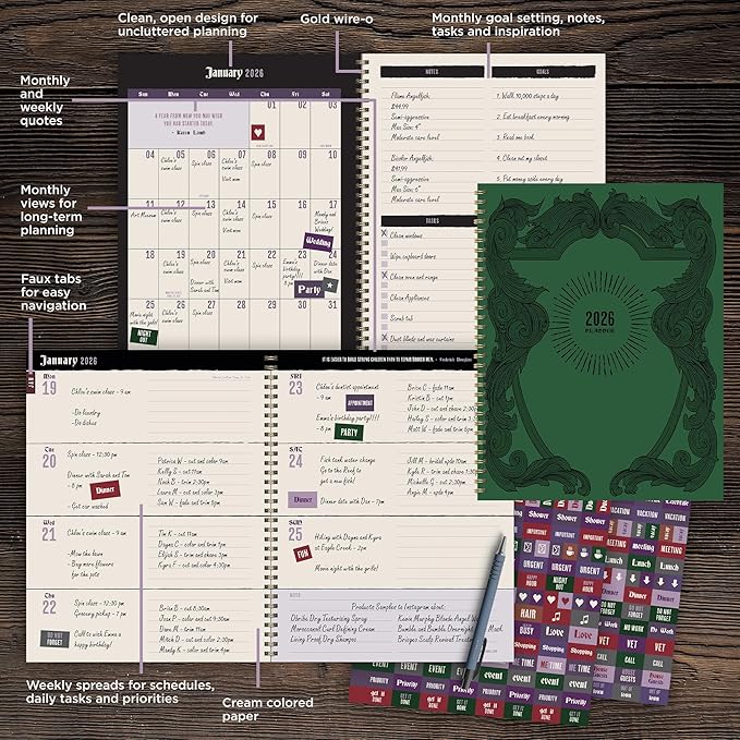 TF Publishing 2026 Crest Large Weekly Monthly Planner with 12-Month Calendar Grid, Goals and Task Trackers, Notes Section, and Stickers - Large Planner for School or Work - 9in x 11in