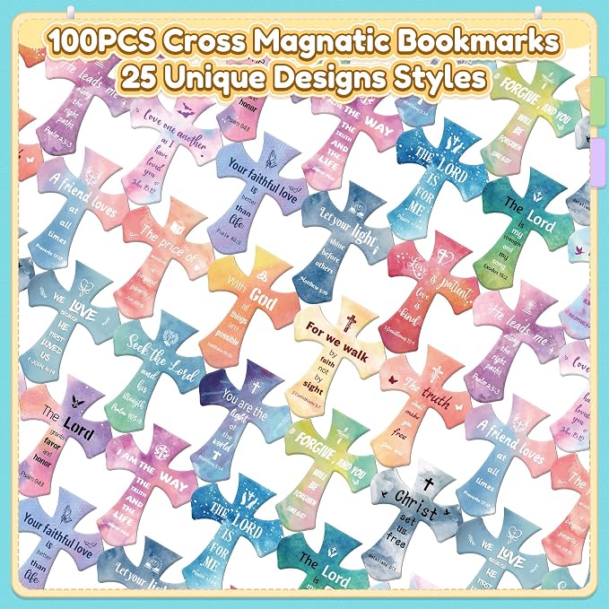 100Pack Magnetic Bookmarks Christian Bookmarks Bulk Cross Bible Bookmark for Reading Women Men Teacher Book Lovers Gifts, Religious Magnet Bookmark Clips Cute Personalized Book Markers (Watercolor)