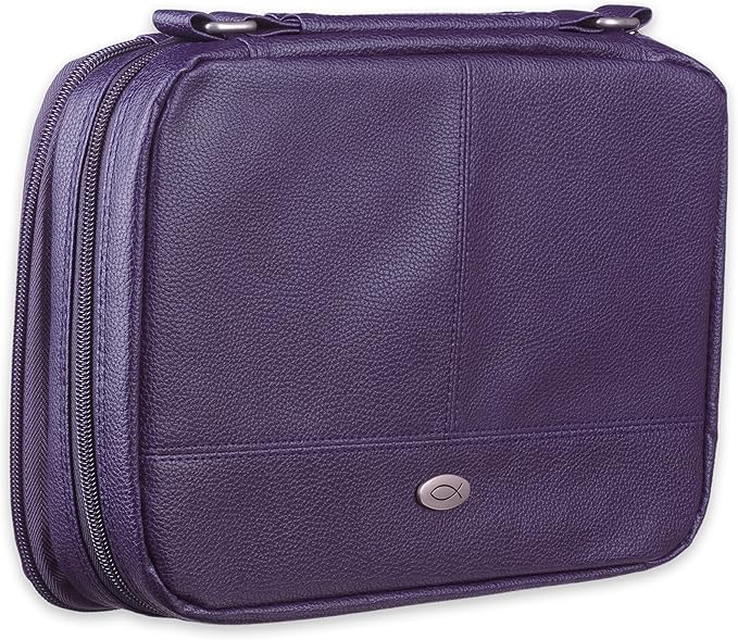 Christian Art Gifts Inspirational Vegan Leather Two-fold Organizer Bible Cover for Women, Jesus Fish Badge, Sturdy Carry Handle, Pen Loops, Pockets, Pen/Highlighter Combo & Notepad, Purple, Medium
