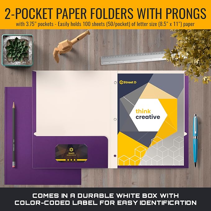 Better Office Products Purple Paper 2 Pocket Folders with Prongs, 50 Pack, Matte Texture, Letter Size Paper Folders, 50 Pack, with 3 Metal Prong Fastener Clips, Purple
