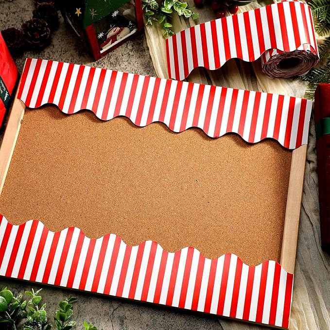 65 Feet Scalloped Bulletin Board Border for Classroom Self Stick Striped Popcorn Borders Wavy Line Border for Bulletin Cork Board Desk Classroom Party Supplies Decor(Red and White Stripes)