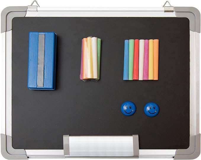 Chalkboard Set - Small Black Board 15 x 12 in with 1 Magnetic Chalk Eraser, 14 Chalk Sticks (7 Colors) and 2 Magnets - Mini Hanging Wall Message Sign Blackboard for Home and Office (15x12)