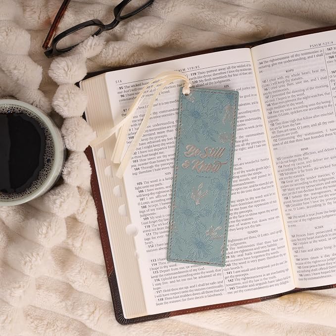 Christian Art Gifts Floral Scripture Bookmark for Women: Be Still & Know Encouraging Silver Bible Verse, Sturdy Faux Leather Heat-Debossed Design, Cream Satin Ribbon Markers for Reading, Marking Pages