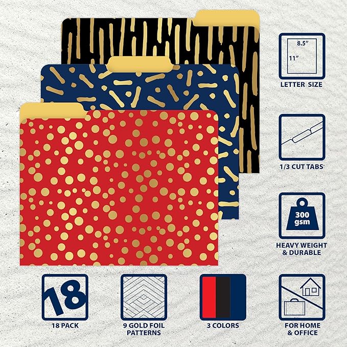 Better Office Products Decorative File Folders with Gold Foil, 18 Pack, 9 Geometric Designs, Red/Black/Blue Color Theme, Heavyweight, Letter Size (9.5" x 11.5") with 1/3 Cut Tab, Fashion Folders