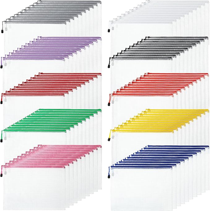Zhehao 100 Pcs A4 Mesh Zipper Pouch Bag Bulk Mesh Pouch with Zipper Waterproof Clear Storage Bag for School Office Supplies Cosmetics Travel(A4(13.19 x 9.45 in),Multi Color)