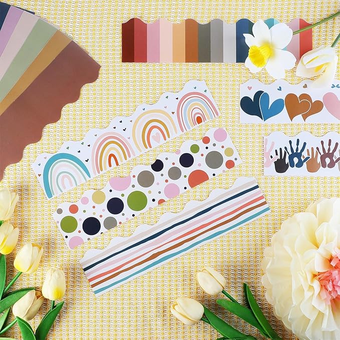 240 Pcs 236ft Holiday Bulletin Board Borders Colorful Rainbow Scalloped Border Trim Bulk Bulletin Decor for Classroom Back to School Decor(Bohemia)