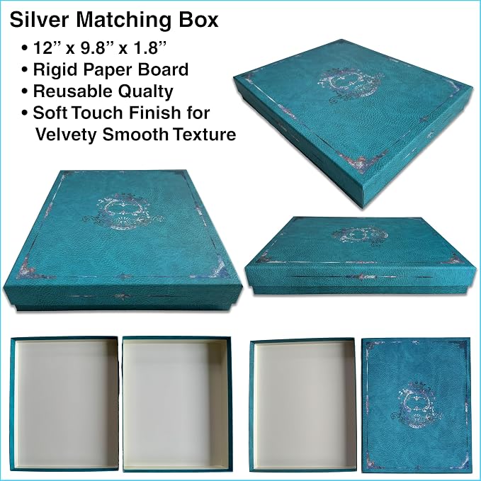 36 Pack Decorative File Folders in Two Matching Boxes, 24 Gold & 12 Violet Silver Designs On Blue Leather, Letter Size 9.2x11.7 Inch Colored Folders, Full Color Outside & On Pockets with Beige Lining