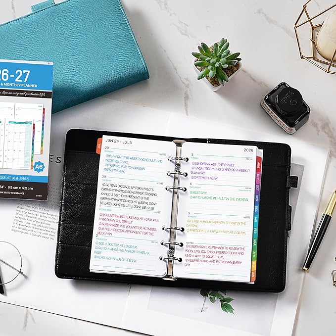 2026-2027 Planner Refills - 4" x 7", A6 Weekly and Monthly Planner Inserts, Jul. 2026 - Jun. 2027, Planner Refills 2026-2027, 6 Holes, Colorful Monthly Tabs