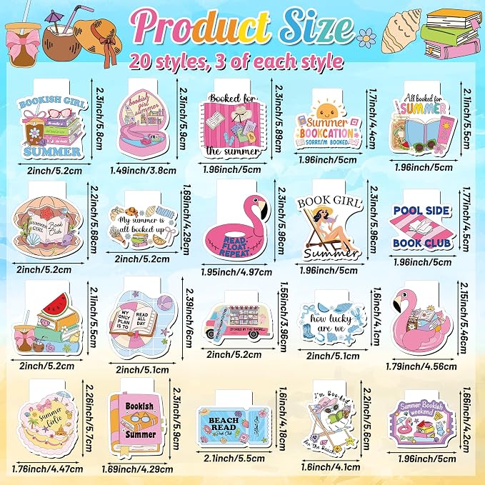 60Pcs Summer Reading Magnetic Bookmarks - Cute Poolside Funny Book Club Bookmarks, Summer Vacation Reading Bookish Page Marker Clips Readers Accessories for Women Girl Book Lover Back to School Gift