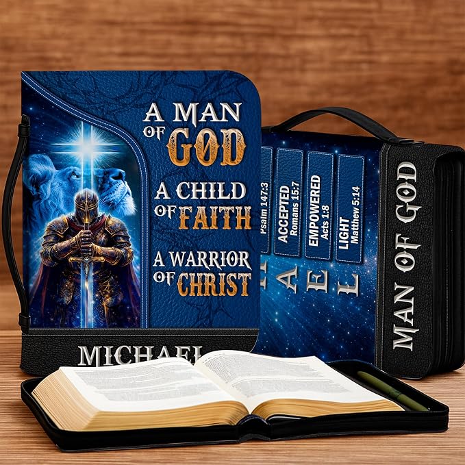 Personalized Man of God Bible Cover, God Says I Am Bible Case PU Leather, Bible Holder Handle Zipper, Faith Scripture with Name Case Bag, Religious Gifts for Church Christians Women Men (02)
