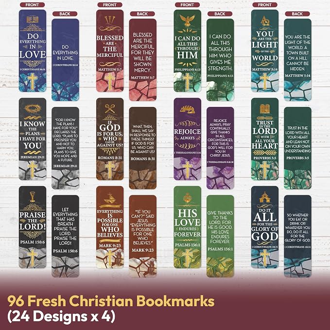 96 Bible Bookmarks with Bible Verses – Multiple Designs – Inspirational Christian Bookmarks for Women & Men – Bible Book Markers for Classroom, Bible Study, Church Supplies