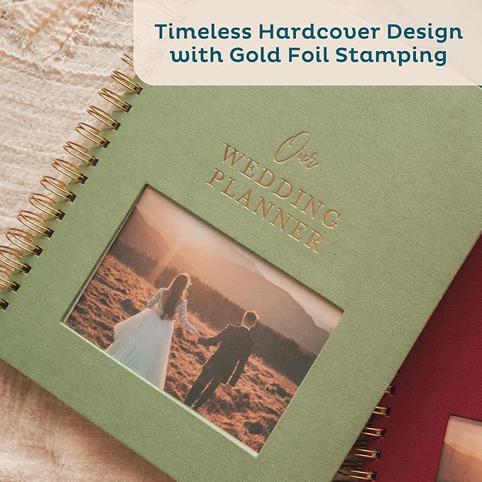 Timeless Premium Linen Wedding Planner Book and Organizer – Wedding Planning Book, Comprehensive Keepsake & Countdown Binder, Perfect Engagement Gift for Women, Customizable Front Photo Window Sage)