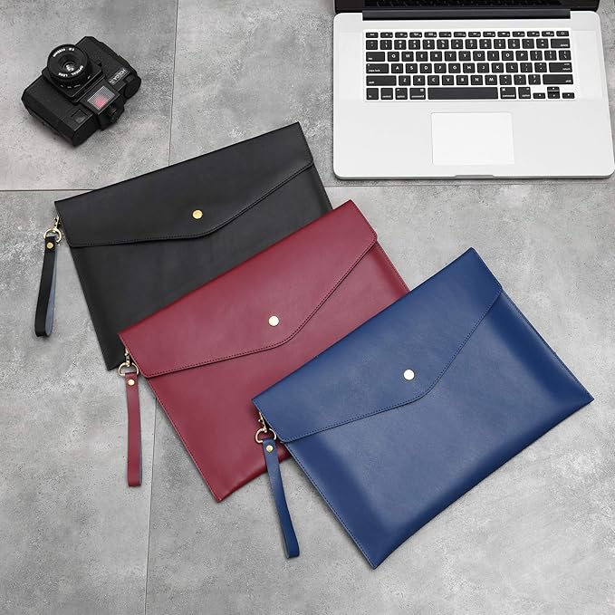 Wonderpool A4 Envelope File Holder -Lightweight Real Leather Multifunction Portfolio for Paper Document Stationery Organizer and Tablet Case PC Sleeve (Black)