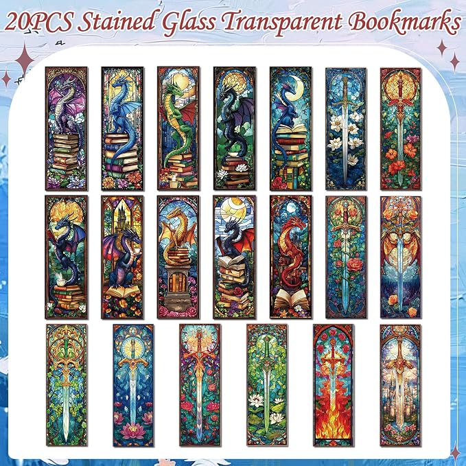 Dragon Sword Bookmark Gifts - 20 Pcs Stained Glass Art Transparent PVC Bookmark Fantasy Book Mark Page Clips Gifts for Women Men Book Lovers Teacher Student Bookish Reader Accessories
