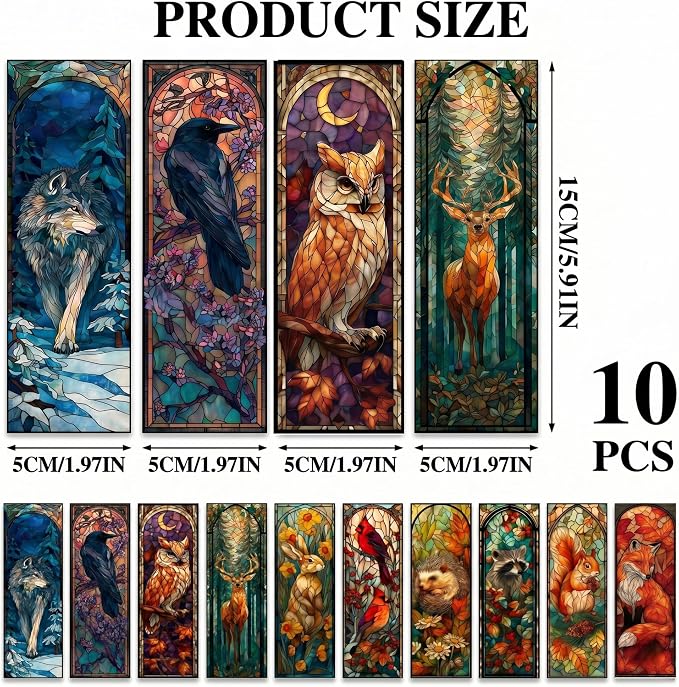 Cute Animals Bookmark Gifts - 10 Pcs Fantasy Stained Glass Art Bookmarks for Women Men Book Lovers Students Pretty Cool Page Marks School Reading Accessories Bookish Birthday Graduation Gift