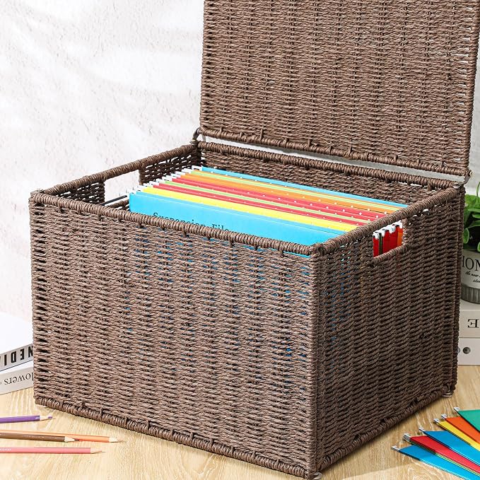 Cinnvoice Extra Large Decorative File Box 18 x 16 x 13 in Wicker Seagrass File Basket Organizer for Letter Legal Size Hand Woven Hanging Filing Cabinet with Lid for Office Paper Rope, Dark Brown
