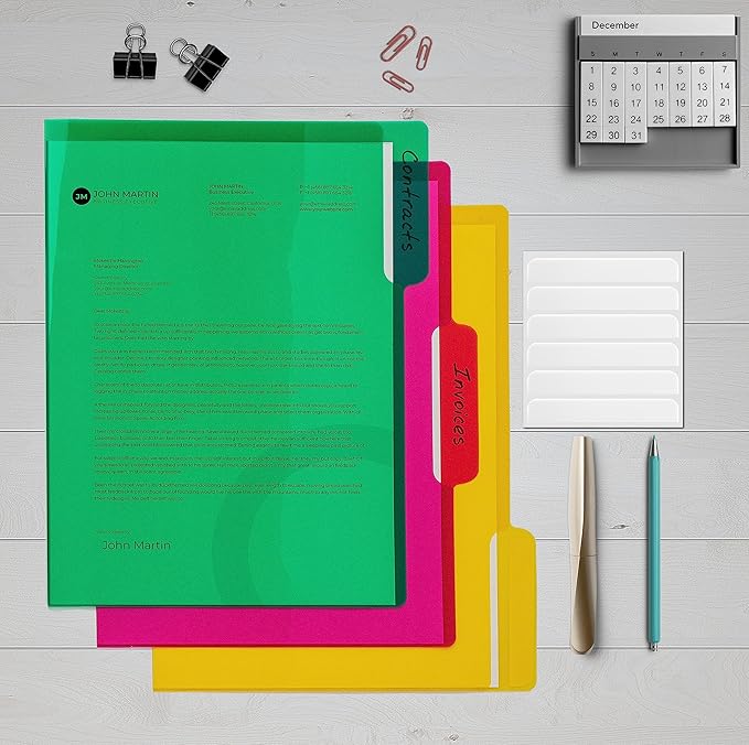 Better Office Products Poly Project Document Pockets, 18 Pack, 1/3 Cut Tabs, Plastic File Jacket Sleeves for Letter Size Paper, 6 Translucent Colors, 6 Full Sets of Tabbed Folders,