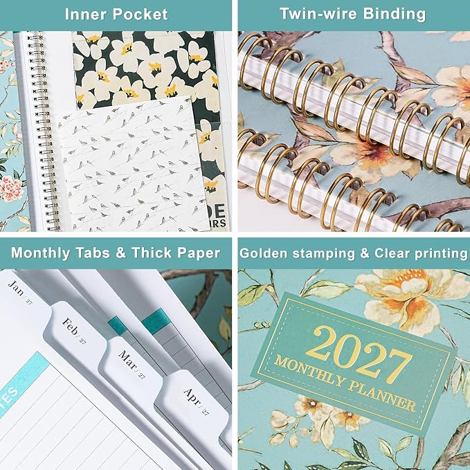 2027 Monthly Planner - 2027 Planner with Tabs, Monthly Planner/Calendar 2027, Jan. 2027 - Dec. 2027, 9" x 11", Strong Gold Twin-wire Binding, Back Pocket, Note Pages - Floral