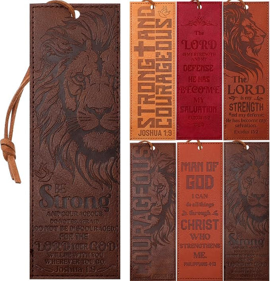 Glenmal 6 Pcs Leather Bible Verse Bookmark for Men Christian Religious Scripture Bookmarks Strong and Courageous Lion Book Marks with Inspirational Verse Christmas Father's Day Church Gifts for Men