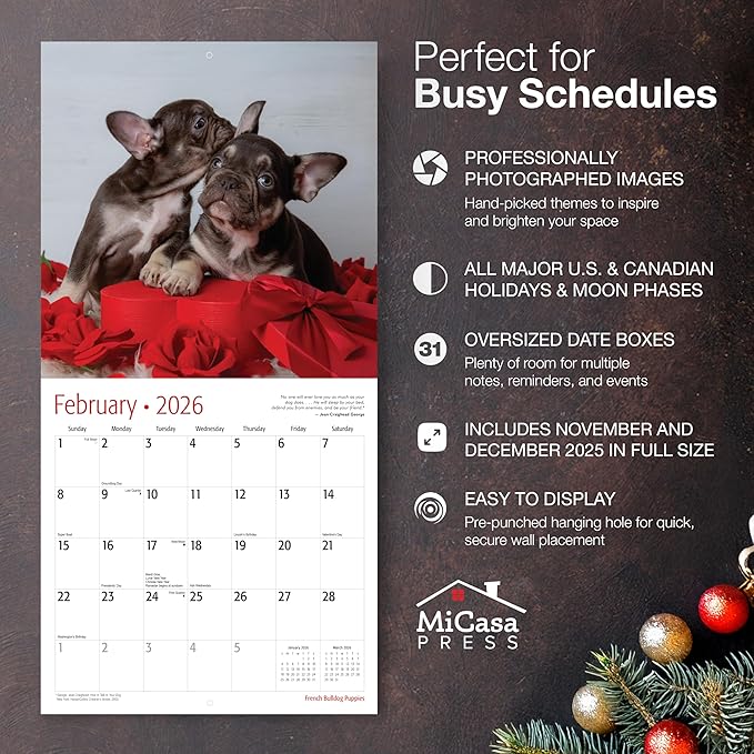 MICASA PRESS French Bulldog Puppies 2026 Wall Calendar 12 Month | 12" x 24" Open | Thick & Sturdy Paper | Giftable | Cute Frenchie Puppy Dog Calendar 2026