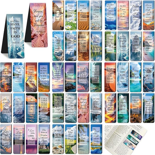 48Pack Magnetic Bookmarks Christian Bookmarks Bulk Bible Bookmark for Reading Women Men Kids Teacher Book Lovers Gifts, Religious Magnet Bookmark Clips Inspirational Personalized Book Marks (Scenery)