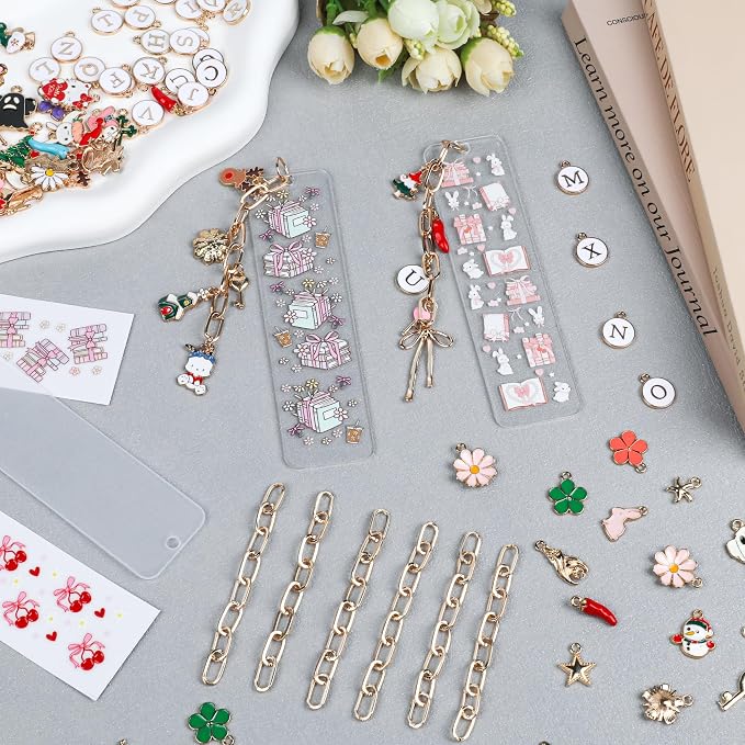 253 Pcs Bow Acrylic Bookmark Blanks(2mm) Thicken 15 DIY Bookmark Making 17 Bow UV DTF Sticker 76 Charms 15 Extender Chains and 130 Jump Ring Suitable for DIY Crafts Gifts