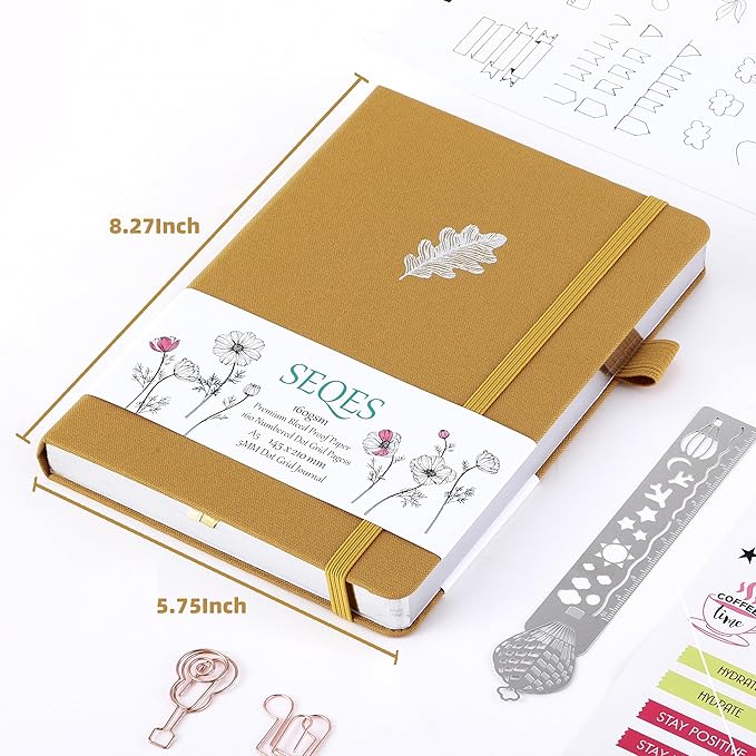 A5 Bullet Dotted Journal Notebook | 160gsm Thick Bleedproof Paper, Lay Flat Binding, 160 Numbered Pages | Hard Cover Dot Grid Notebook/Bullet Journals for Creatives & Professionals-Oak leaves
