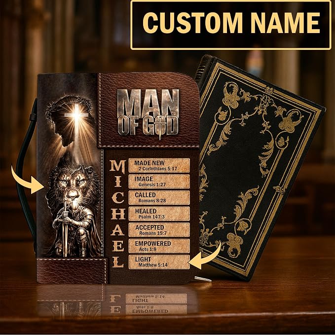 Personalized Man of God Bible Cover, God Says I Am Bible Case PU Leather, Bible Holder Handle Zipper, Faith Scripture with Name Case Bag, Religious Gifts for Church Christians Women Men (05)
