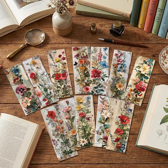 Vintage Floral Bookmarks Gifts - 120 Pcs Retro Flower Bookmark Paper Double-Sided Reading Page Markers Clips Book Mark for Women Men Office Home Book Lovers Bookworm Party Supplies