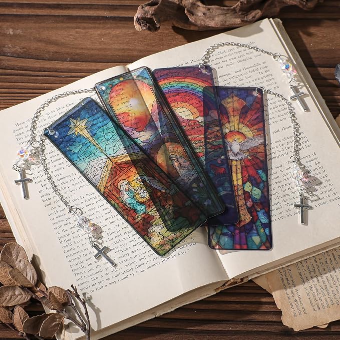 Christian Religious Bookmark Gifts - 4 Pcs Catholic Stained Glass Bookmarks for Women Book Lovers Pendant Tassels Beaded Page Marks Reading Accessories Bookish Gift for Birthday Sunday Church