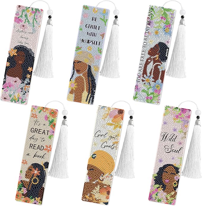 Diamond Art Bookmarks for Women, 6 Pcs Black Girl Book Club Diamond Painting Bookmark Kit with Tassels, DIY Book Marks Making Kits for Reading, Small Craft Gifts for Adults Begginers Readers