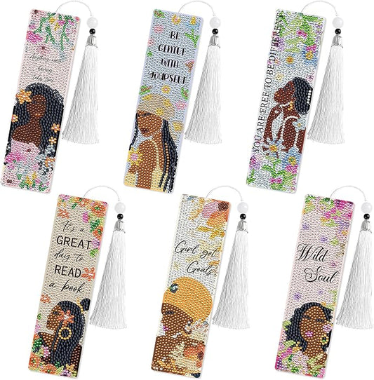 Diamond Art Bookmarks for Women, 6 Pcs Black Girl Book Club Diamond Painting Bookmark Kit with Tassels, DIY Book Marks Making Kits for Reading, Small Craft Gifts for Adults Begginers Readers