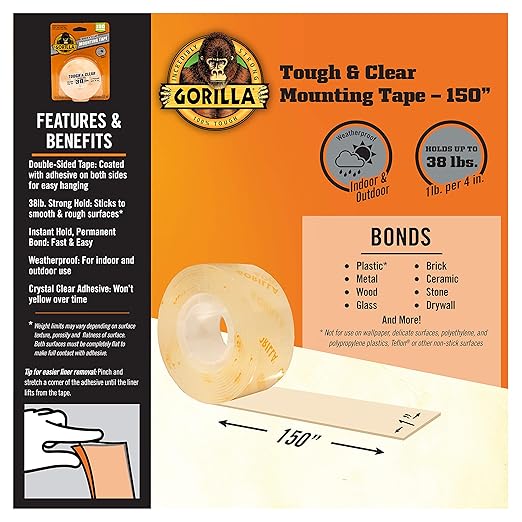 Gorilla Heavy Duty,Extra Long Double Sided Mounting Tape,1" x 120",Black,(Pack of 2) & Tough & Clear Double Sided Adhesive Mounting Tape,Extra Large,1" x 150",Clear,(Pack of 1)