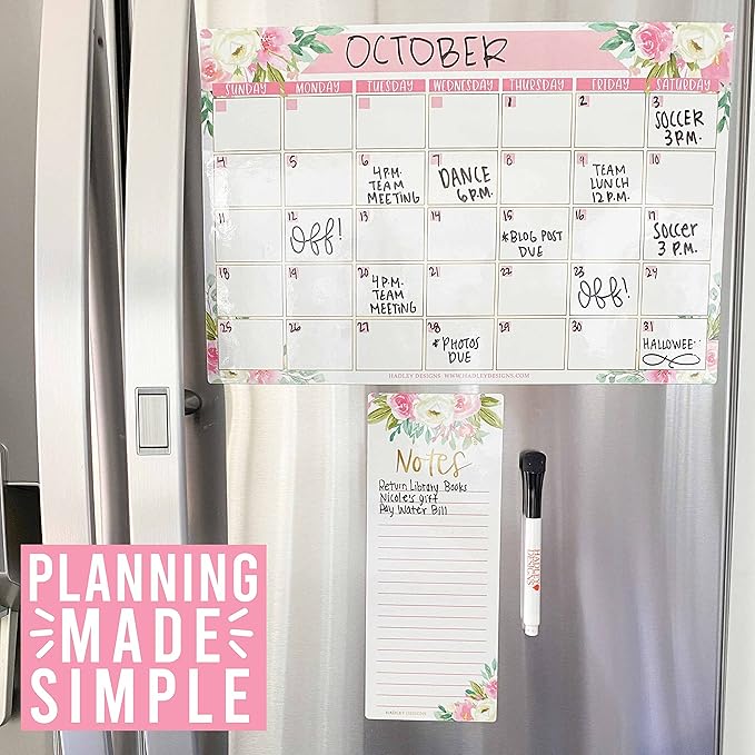 Hadley Designs - Floral Dry Erase Board Calendar for Fridge, Wall - Magnetic Notepad
