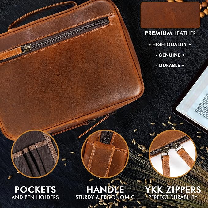 ELIZO Leather Bible Cover for Men Bible Case Women Holder Carrying Organizer Wrap Sleeve Protector Christian Religious Gift Cross Bookmark – Standard Cognac
