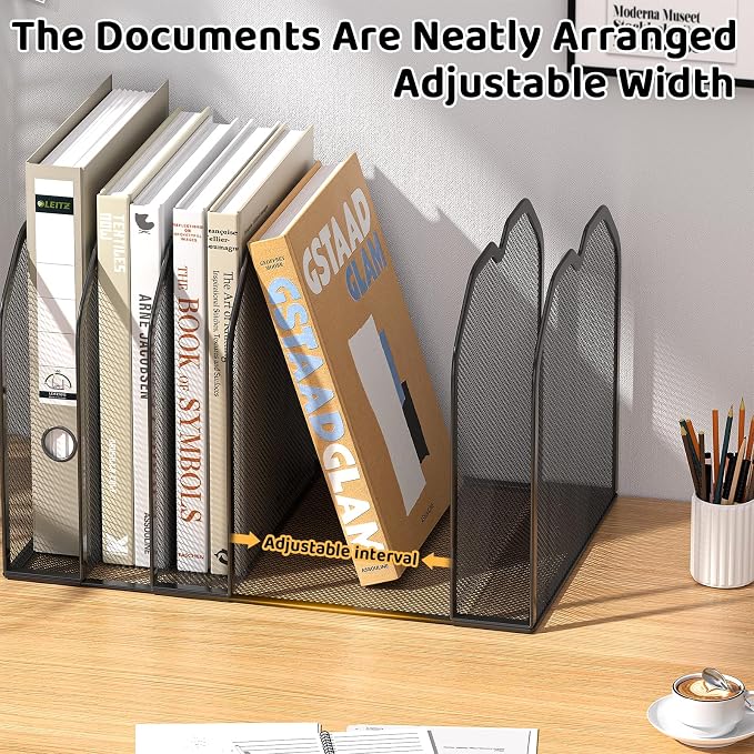 FANXIYQ Black 7-Section File Folder Organizer for Desk, Metal Vertical File Holder Stand, Desktop File Organizer Rack for Letter/A4 Folders, Papers, Books, Office Classroom Home